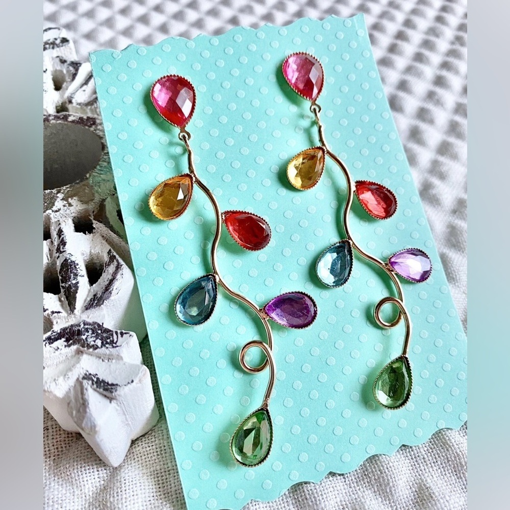 New Christmas Lights Style Pink Purple Multicolor Crystal Earrings - 3.75” - Picture 2 of 5